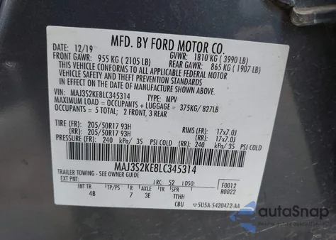 2020 Ford Ecosport Titanium z USA, uszkodzony, nr VIN MAJ3S2KE8LC345314